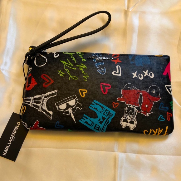 Karl Lagerfeld Paris Black & Multicolored Paris Icons Wristlet NWT - Picture 9 of 9